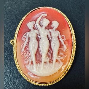 Vtg Sphynx Dancing Nudes Nymphs Pink Goldtone Filigree Victorian Cameo Brooch